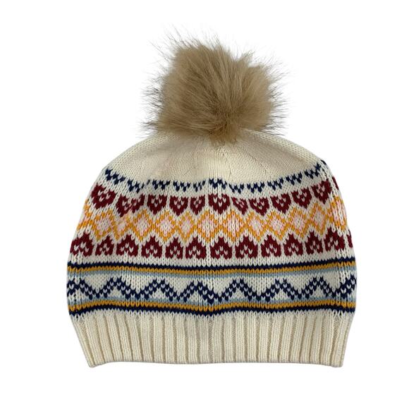 Hanna Andersson Pom Pom Hat Knit Beanie Cream Faux Fur Girls M - Picture 4 of 6